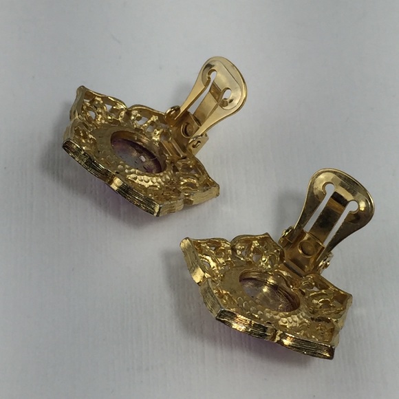 Vintage Pinky Purple & Gold Clip On Earrings - Picture 4 of 8
